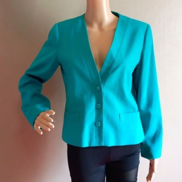 Dimension V petite 80s vtg aqua vneck blazer - Picture 3 of 7
